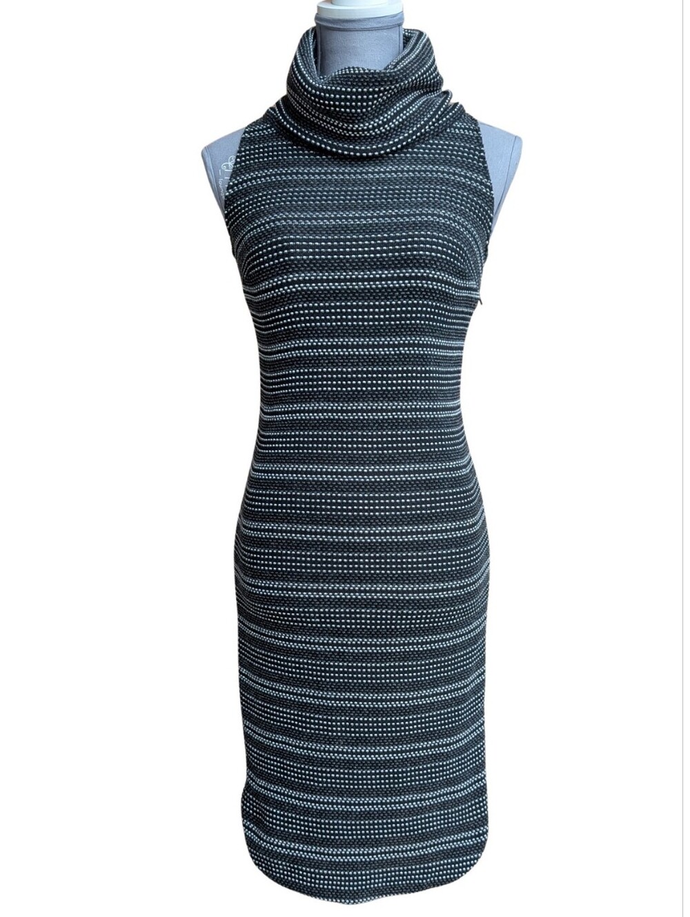 INTERMIX Black White Cowl Neck Sleeveless Ribbed Wool Blend Midi Dress Size P XS